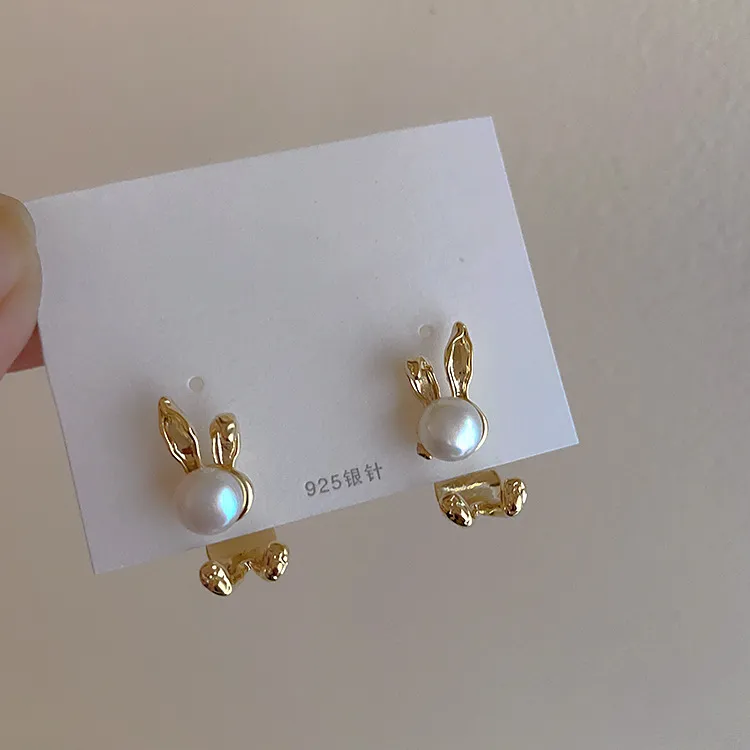 Wholesale Women Cute Pearl Metal Bunny Earrings