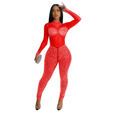 Women Solid Color Mesh Diamond Long-Sleeved Jumpsuit