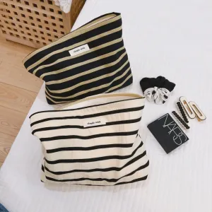Simple Fashion Striped Cotton Canvas Cosmetic Bag for Travel Wash Storage Zipper Bag