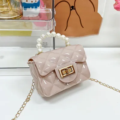 Women Fashion Jelly Color Contrast Pearl Handbag Small Square Crossbody Bag