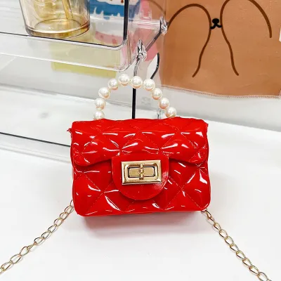 Women Fashion Jelly Color Contrast Pearl Handbag Small Square Crossbody Bag