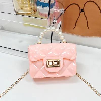 Women Fashion Jelly Color Contrast Pearl Handbag Small Square Crossbody Bag