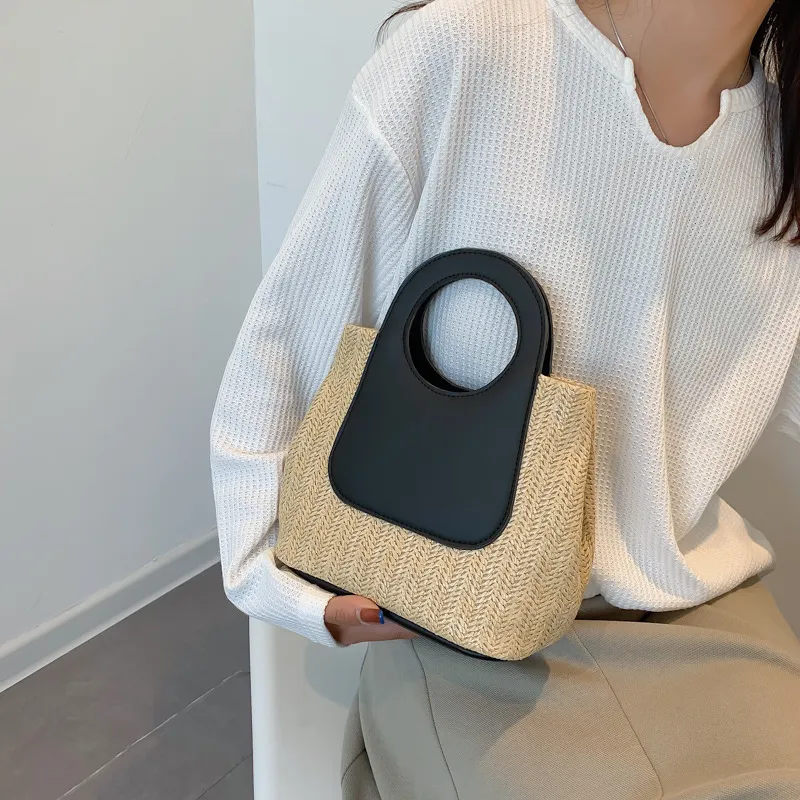 Women Retro Contrast Stitching Straw Handbag Tote Bag