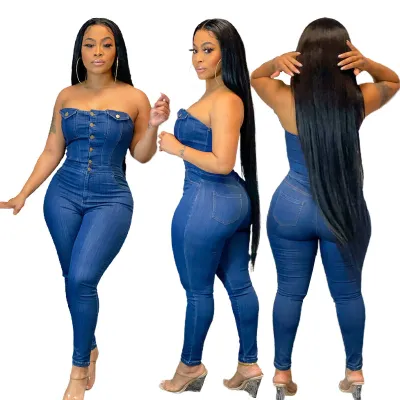Women's Bandeau Denim Jumpsuit - Street Hipster Style