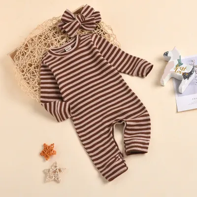Toddlers Newborn Baby Girls Casual Stripe Print Long Sleeve Romper with Hidden Button