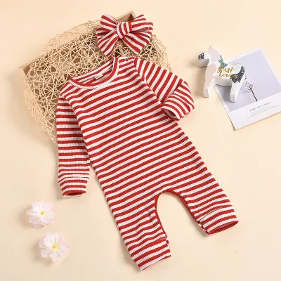 Toddlers Newborn Baby Girls Casual Stripe Print Long Sleeve Romper with Hidden Button