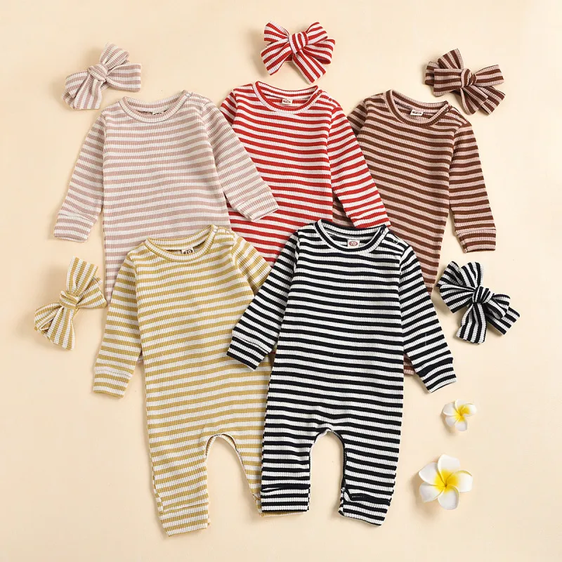 Toddlers Newborn Baby Girls Casual Stripe Print Long Sleeve Romper with Hidden Button