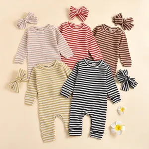 Toddlers Newborn Baby Girls Casual Stripe Print Long Sleeve Romper with Hidden Button