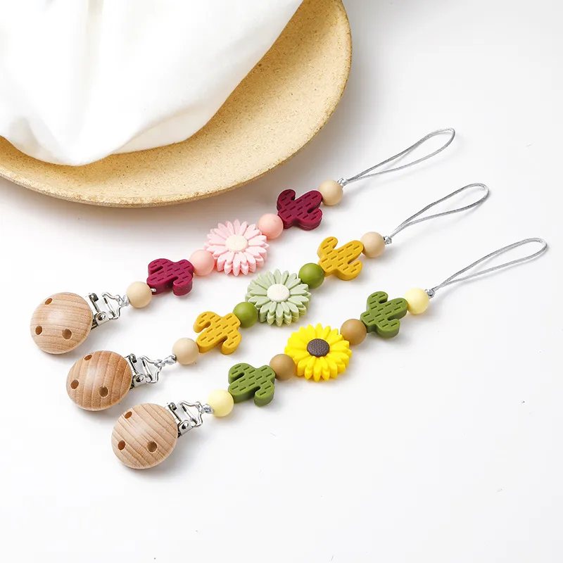 Toddlers Newborn Baby Fashion Cartoon Cactus Floral Anti-Drop Silicone Pacifier Chain