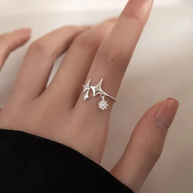 Women Sterling Silver Four-Pointed Star Irregular Tassel Index Finger Ring