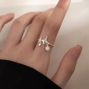 Women Sterling Silver Four-Pointed Star Irregular Tassel Index Finger Ring