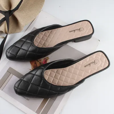 Women Fashion Pointed Toe Solid Color Quilted PU Flat Mules