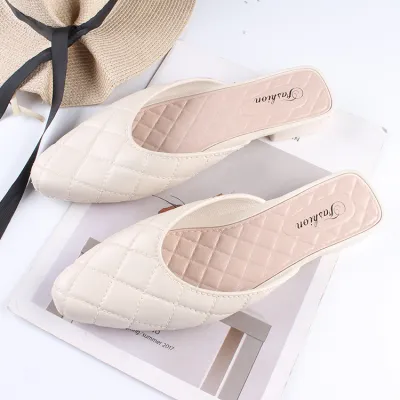 Women Fashion Pointed Toe Solid Color Quilted PU Flat Mules