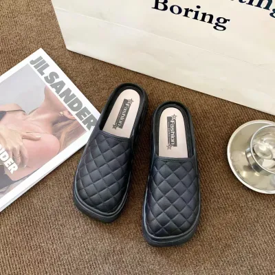 Women's Fashion Square Toe Slip On Flat Mules Casual PVC Solid Color Shoes