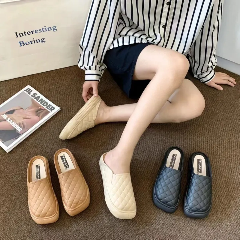 Women's Fashion Square Toe Slip On Flat Mules Casual PVC Solid Color Shoes