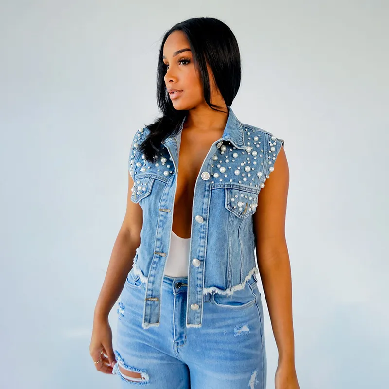 Women's Beaded Denim Cardigan Top - Street Hipster Slim Fit Vest