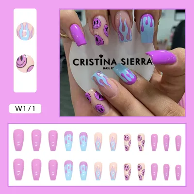 Women's Fashion Colorful Star Stripe Purple Smiley Face Star Cloud Wearable False Nails