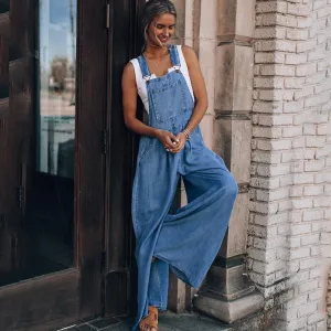 Summer Women Fashion Loose Side Pocket Sleeveless Denim Overalls Wide-Leg Jumpsuits