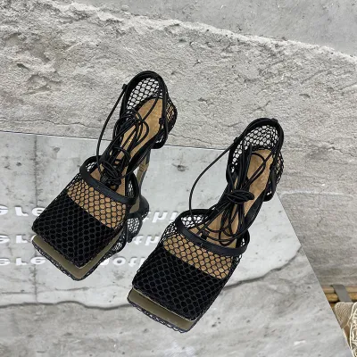 Women's Fashion Square Toe Mesh Breathable Strappy Chunky Heel Sandals