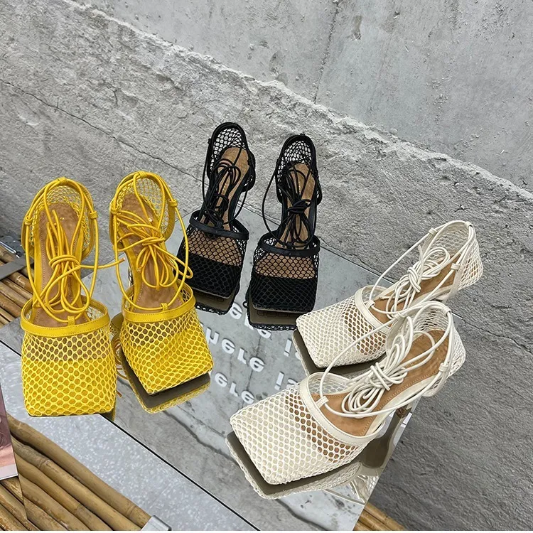 Women's Fashion Square Toe Mesh Breathable Strappy Chunky Heel Sandals