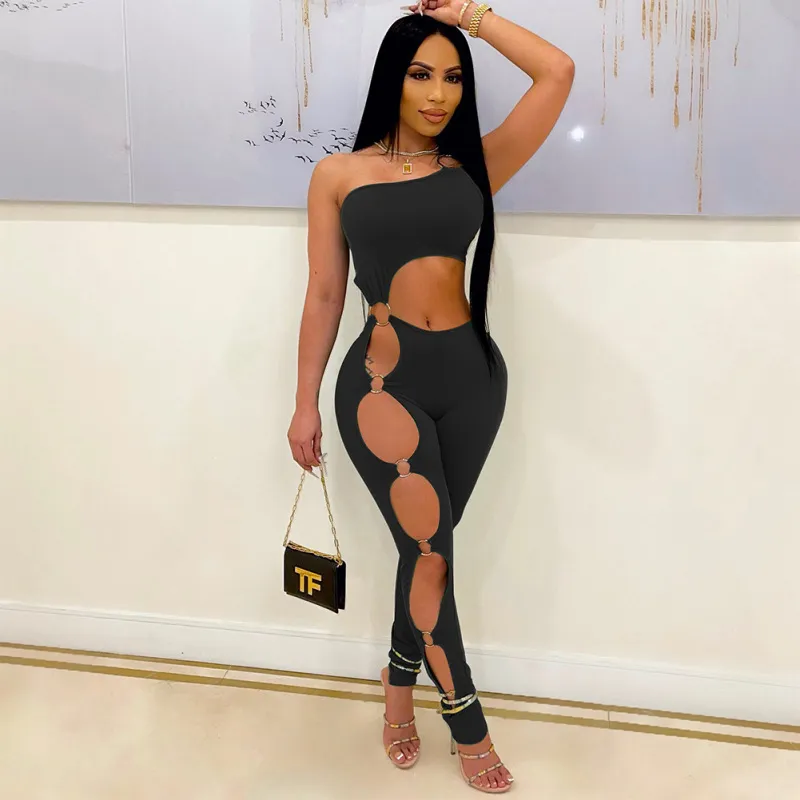 Women Summer Sexy Tight Casual Solid Color Hollow Jumpsuit