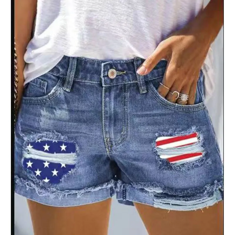 Women Sexy Flag Patchwork Raw Hem Denim Shorts