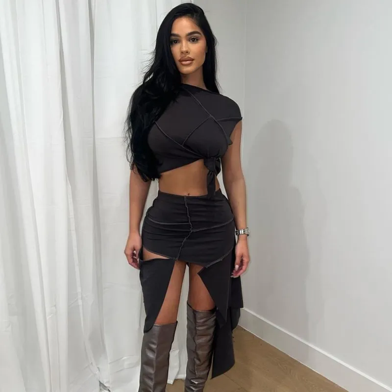 Women Summer Sexy Solid Color Irregular Crop Top And Skirt Set