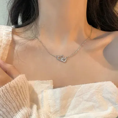 Women Simple Hollow Heart Zircon Cross Chain Necklace