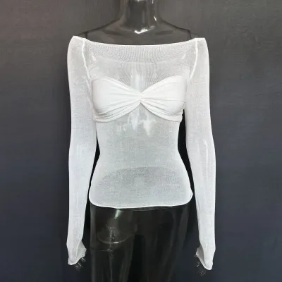 Sexy Edgy Women See-Through Mesh Off-Shoulder Long Sleeve Blouse