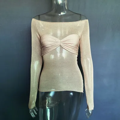Sexy Edgy Women See-Through Mesh Off-Shoulder Long Sleeve Blouse