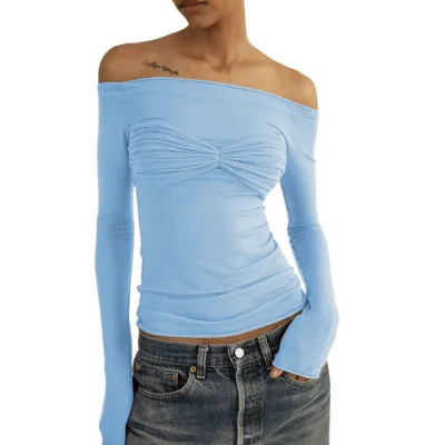 Sexy Edgy Women See-Through Mesh Off-Shoulder Long Sleeve Blouse