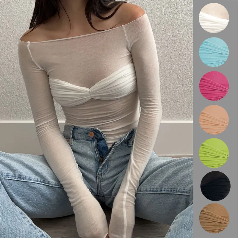 Sexy Edgy Women See-Through Mesh Off-Shoulder Long Sleeve Blouse