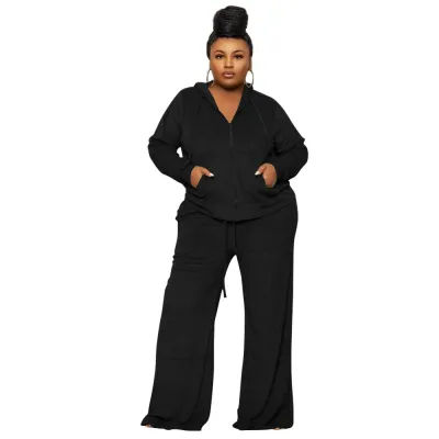 Women Autumn Solid Color Casual Cardigan Zip Hoodie And High-Waist Wide-Leg Pants Two-Piece Set