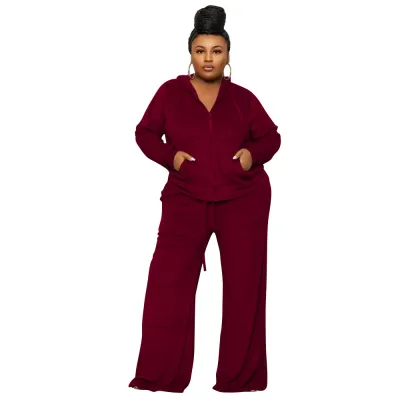 Women Autumn Solid Color Casual Cardigan Zip Hoodie And High-Waist Wide-Leg Pants Two-Piece Set
