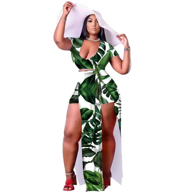 Plus Size Women Summer Leaves Printed Short-Sleeved V Neck Top And Loose Slit Skirt Two-Piece Set