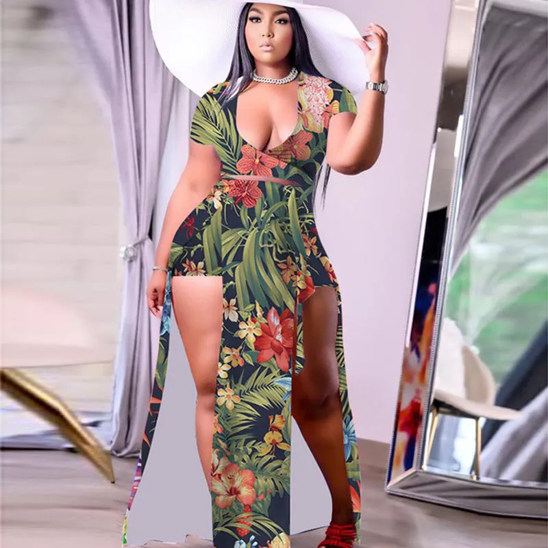 Plus Size Women Summer Leaves Printed Short-Sleeved V Neck Top And Loose Slit Skirt Two-Piece Set