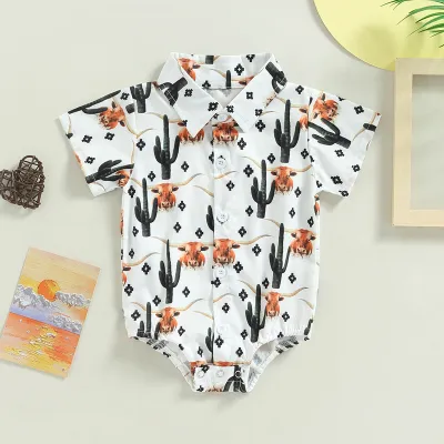 Toddlers Newborn Baby Boys Short Sleeve Cow Print Bodymain Cotton Single-Breasted