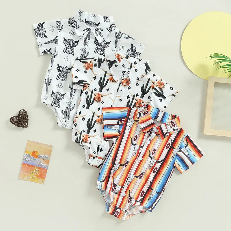 Toddlers Newborn Baby Boys Short Sleeve Cow Print Bodymain Cotton Single-Breasted