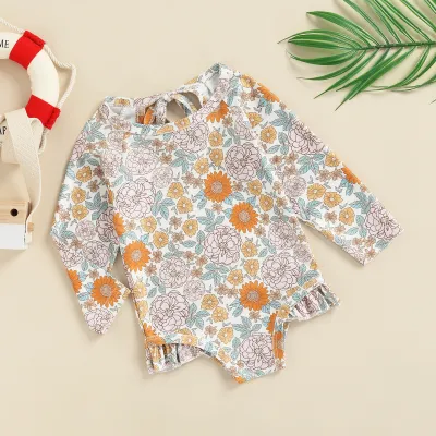 Children Kids Baby Girls Long Sleeve Print One-Piece Swimsuit Tiny Flower