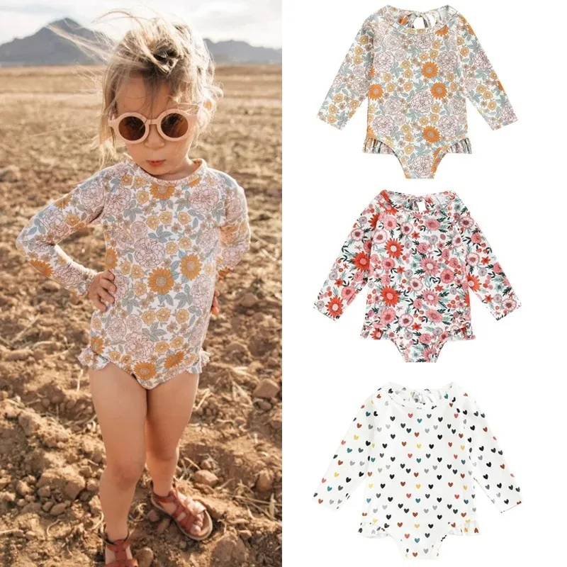 Children Kids Baby Girls Long Sleeve Print One-Piece Swimsuit Tiny Flower