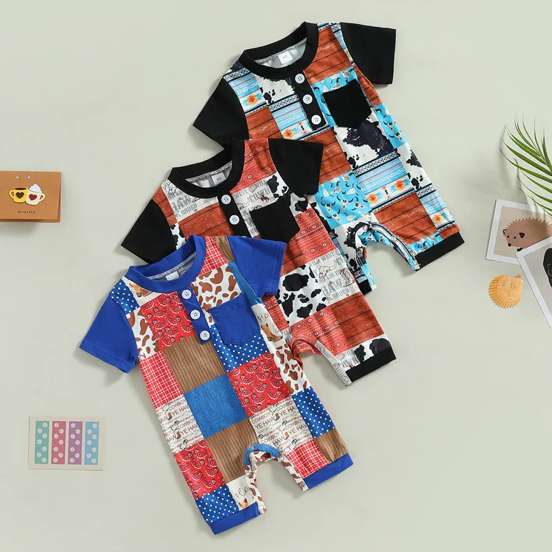 Newborn Baby Boys Cotton Color Matching Short Sleeve Romper Pullover