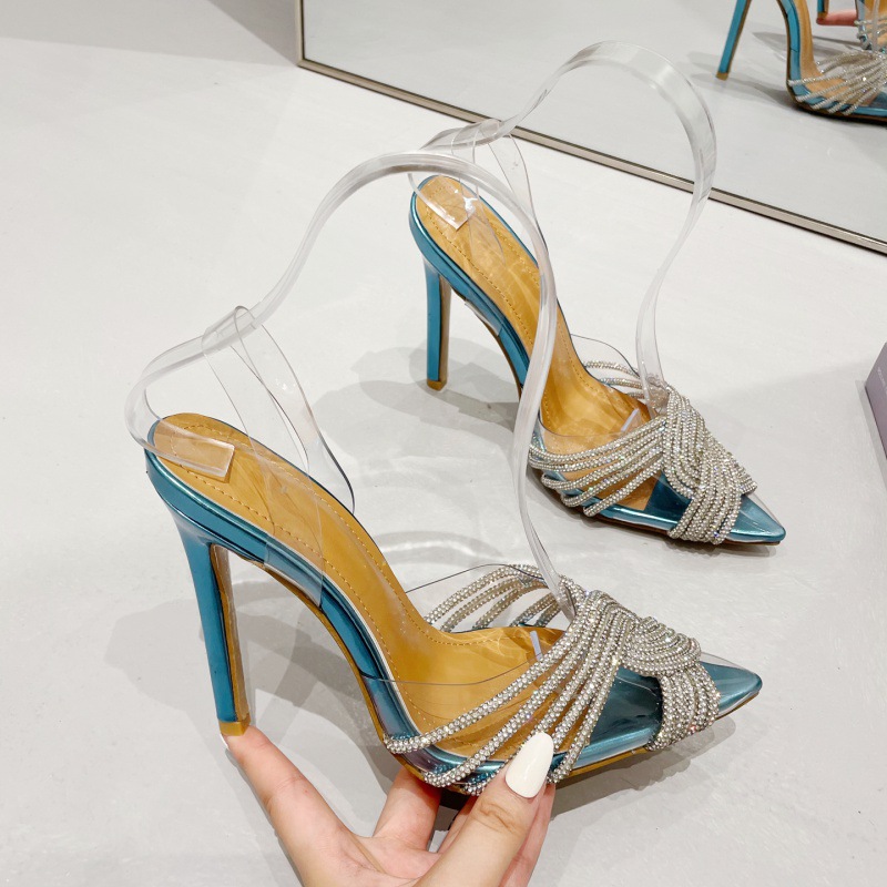サンダル・ミュール Bling bling cubic strap venice mule heel (5 cm, 3 COLOR) Wholesale Women Fashion Pointed Toe Rhinestone Woven High