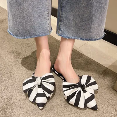 Women Casual Pointed Toe Flat Bow Canvas Mules