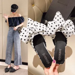 Women Casual Pointed Toe Flat Bow Canvas Mules