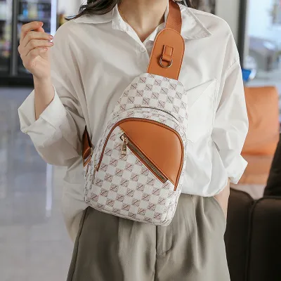 Women Fashion Texture All-Match PU Chest Bag with Letter Pattern, Zipper Closure, Soft, Urban Simplicity