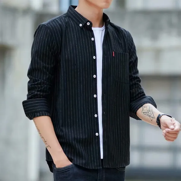 Men'S Casual Stripe Lapel Loose Long-Sleeved Shirt