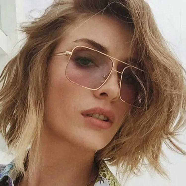 Women's Large Retro Square Frame Metal Sunglasses with AC Lens