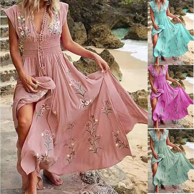 Women Summer Vacation Beach Bohemian V-Neck Defined Waist Floral Maxi Dress