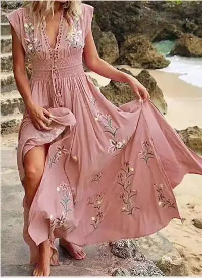 Women Summer Vacation Beach Bohemian V-Neck Defined Waist Floral Maxi Dress