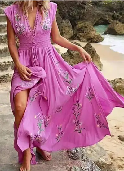 Women Summer Vacation Beach Bohemian V-Neck Defined Waist Floral Maxi Dress